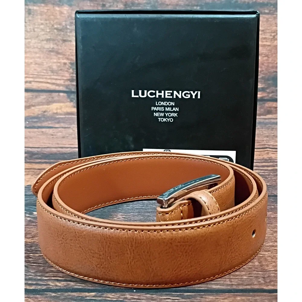Luchengyi Mens Tan Brown Genuine Leather Belt Size 34 Business Casual Silver